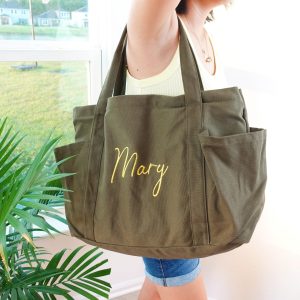Embroidered Canvas Tote Bag: Large Personalized Teacher Work Bag, Duffle Bags, Daily Shopping Bag, Custom Nurse Totebag, Bridesmaid Handbag.