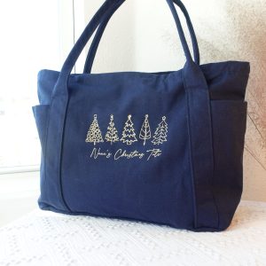 Embroidered Christmas Tree Tote Bag: Large Canvas Holiday Handbag