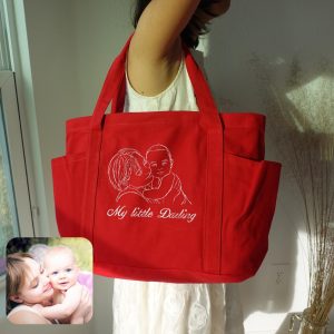 Embroidered Family Portrait Tote Bag: Custom Canvas Shoulder Bag, Canvas Duffle Totes, Nurse Teacher Everyday Handbags, Large Daily Totebag.