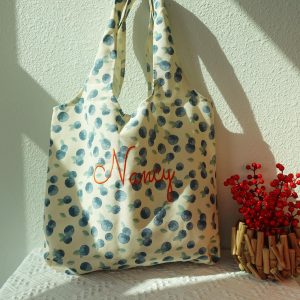 Embroidered Floral Blueberry Tote Bag, Custom Aesthetic Totes.