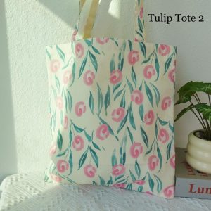 Embroidered Floral Tote Bag, Custom Canvas Bag, Tulip Kawaii Purse, Vintage Aesthetic Tote, Personalized Gift for Her, Soft Girl Bag
