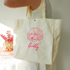Embroidered Pet Portrait Shoulder Bag –Custom Pet Face Name Canvas Tote, Dog Mom Totes, Personalized Handbag Pet Lover Gift Cat Shopping Bag
