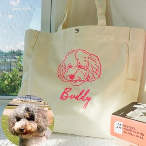 Embroidered Pet Portrait Shoulder Bag –Custom Pet Face Name Canvas Tote, Dog Mom Totes, Personalized Handbag Pet Lover Gift Cat Shopping Bag