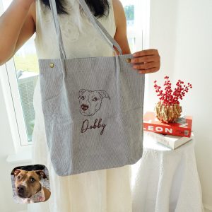 Embroidered Pet Portrait Tote Bag: Custom Corduroy Dog & Cat Shoulder Bag, Personalized Photo Purse, Cute Gift for Dog Mom, Pet Lovers.