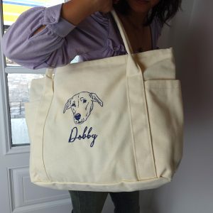 Embroidered Pet Portrait Tote Bag: Custom Dog Cat Canvas Shoulder Purse