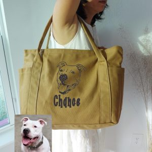 Embroidered Pet Portrait Tote Bag: Custom Dog Cat Canvas Shoulder Purse