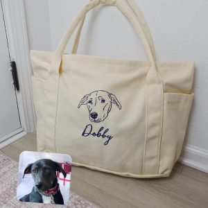 Embroidered Pet Portrait Tote Bag: Custom Dog or Cat Canvas Totes, Large Canvas Totebag, Pet Face Name Purse, Duffle Shoulder Travel Handbag