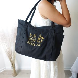 Embroidered Pet Portrait Tote Bag: Personalized Cat/Dog Canvas Shoulder Bag, Pet Face Name Totes, Cute Cat Travel Bag, Bridesmaid Gifts Bag.