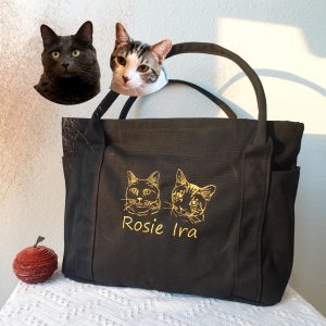 Embroidered Pet Portrait Tote Bag: Personalized Cat/Dog Canvas Shoulder Bag, Pet Face Name Totes, Cute Cat Travel Bag, Bridesmaid Gifts Bag.