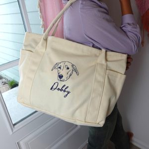 Embroidered Pet Portrait Tote Bag: Personalized Cat/Dog Canvas Shoulder Bag, Pet Face Name Totes, Cute Cat Travel Bag, Bridesmaid Gifts Bag.