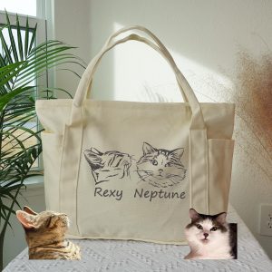 Embroidered Pet Portrait Tote Bag: Personalized Cat/Dog Canvas Shoulder Bag, Pet Face Name Totes, Cute Cat Travel Bag, Bridesmaid Gifts Bag.