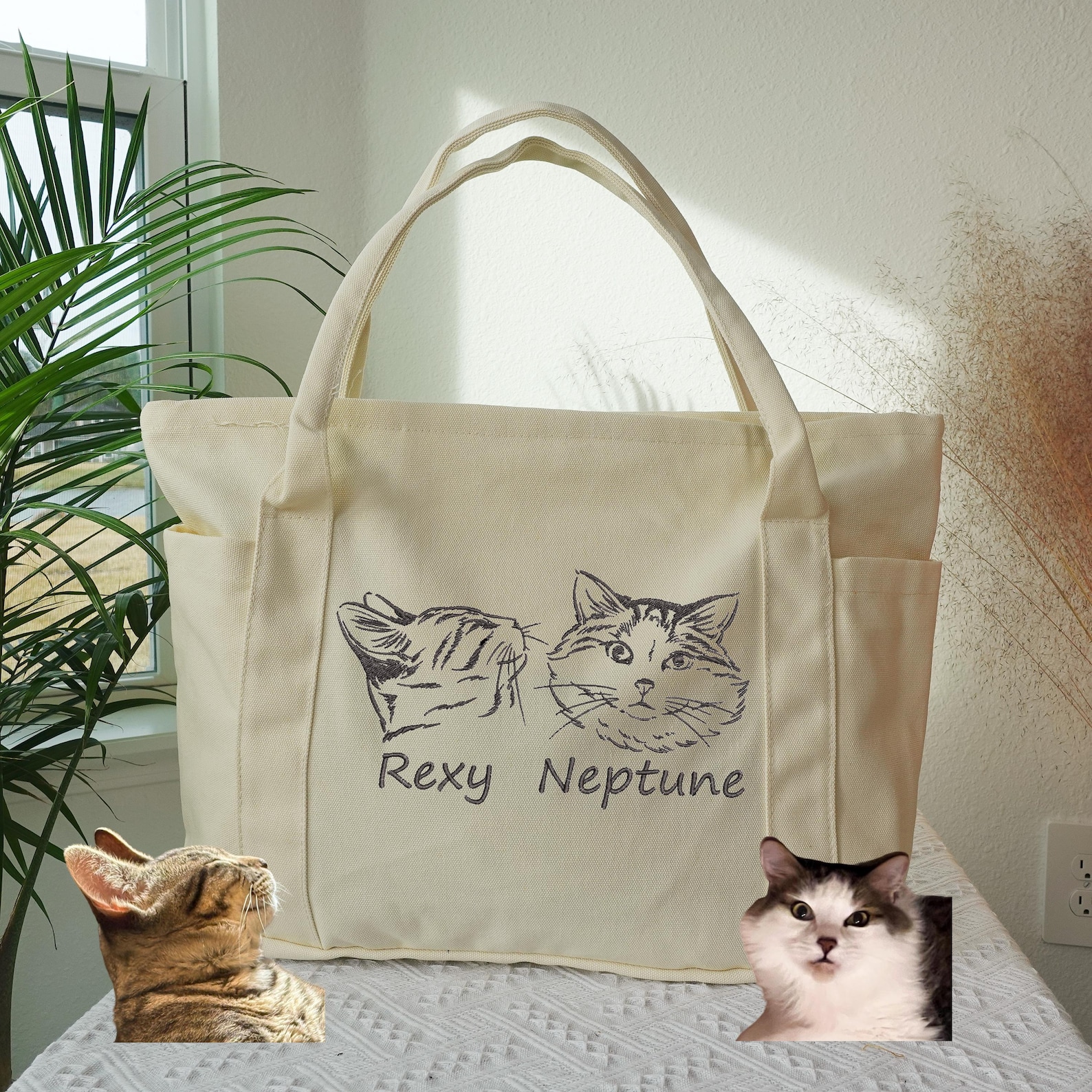 Embroidered Pet Portrait Tote Bag: Personalized Cat/Dog Canvas Shoulder Bag, Pet Face Name Totes, Cute Cat Travel Bag, Bridesmaid Gifts Bag.