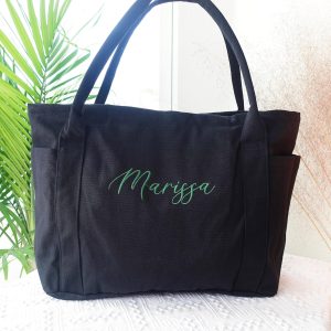 Extra Large Custom Embroidered Canvas Tote Bag with Pocket and Zipper:Personalized Travel Beach Bag,Durable Everyday Totes, Weekender Duffle
