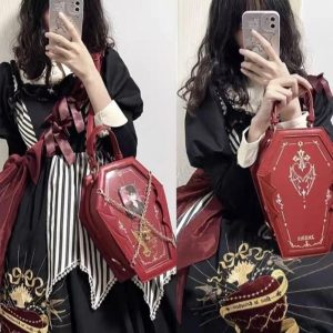 Gothic Coffin Ita Bag – Dark Lolita Halloween PU Leather Crossbody Shoulder Handbag with Wings & Chains