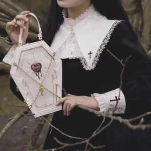 Gothic Coffin Ita Bag – Dark Lolita Halloween PU Leather Crossbody Shoulder Handbag with Wings & Chains
