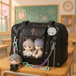 Harajuku Black Ita Backpack – Kawaii Transparent Large Capacity Anime Pins Display Bag for Women