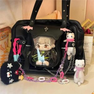 Harajuku Black Ita Backpack – Kawaii Transparent Large Capacity Anime Pins Display Bag for Women