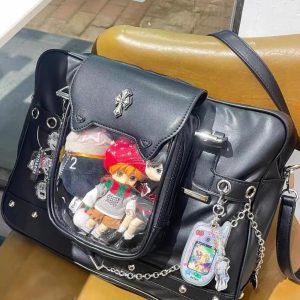 Harajuku Black Ita Backpack – Kawaii Transparent Large Capacity Anime Pins Display Bag for Women