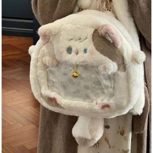 Harajuku Cat Plush Backpack – Soft Kawaii Mini Ita Bag for Women | Cute Sweet Aesthetic Crossbody Mochila Y2K Style