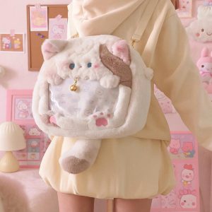 Harajuku Cat Plush Backpack – Soft Kawaii Mini Ita Bag for Women | Cute Sweet Aesthetic Crossbody Mochila Y2K Style