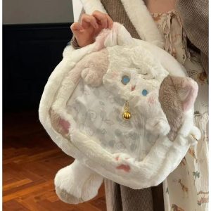Harajuku Cat Plush Backpack – Soft Kawaii Mini Ita Bag for Women | Cute Sweet Aesthetic Crossbody Mochila Y2K Style