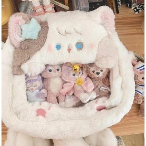 Harajuku Cat Plush Backpack – Soft Kawaii Mini Ita Bag for Women | Cute Sweet Aesthetic Crossbody Mochila Y2K Style