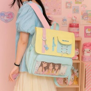 Harajuku Ita Backpack – Kawaii Patchwork Nylon Badge Bag