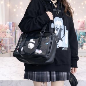 Harajuku PU Leather Ita Bag Transparent Pins Display Japanese Lolita Shoulder Handbag