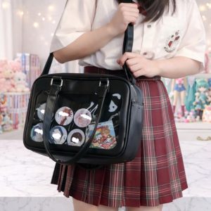 Harajuku PU Leather Ita Bag Transparent Pins Display Japanese Lolita Shoulder Handbag