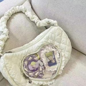 Heart Ita Bag – Kawaii Transparent Crossbody Messenger Handbag with Lace Detail for Pins & Charms