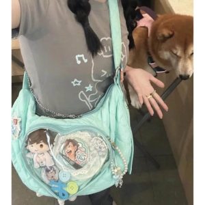 Heart Ita Bag – Kawaii Transparent Crossbody Messenger Handbag with Lace Detail for Pins & Charms