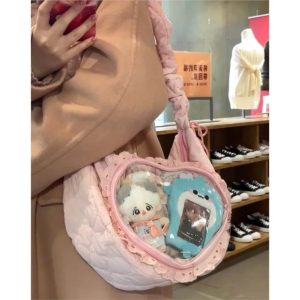 Heart Ita Bag – Kawaii Transparent Crossbody Messenger Handbag with Lace Detail for Pins & Charms