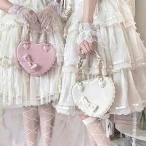 Heart Lolita Handbag – Kawaii PU Shoulder Bag with Bowknots Japanese Shell Purse Crossbody Pink Black White