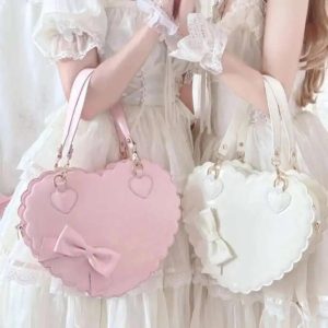 Heart Lolita Handbag – Kawaii PU Shoulder Bag with Bowknots Japanese Shell Purse Crossbody Pink Black White