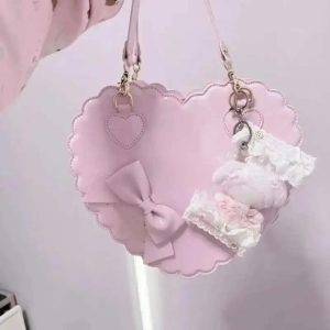 Heart Lolita Handbag – Kawaii PU Shoulder Bag with Bowknots Japanese Shell Purse Crossbody Pink Black White