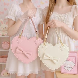 Heart Lolita Handbag – Kawaii PU Shoulder Bag with Bowknots Japanese Shell Purse Crossbody Pink Black White