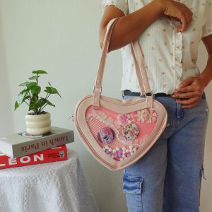Heart Shaped Ita Bag, Vegan Leather Crossbody & Tote Handbag, Kawaii Transparent Pin Display Purse, Cute Anime Cosplay Shoulder Bag.
