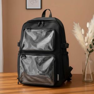 Ita Backpack with Clear Window, Personalized Display Backpack, Cute Nylon Display Bag for Pins, Kawaii Anime Backpack for School or Travel