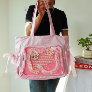 Ita Tote Bag with Clear Window | Cute Kawaii Ruffle Display Bag | Shoulder Carry Tote for Anime Pin Collectors, Japanese Anime Itabags.