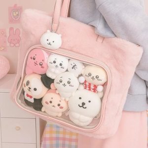 Japanese Pink Ita Bag | Transparent Plush Harajuku Tote Bag Kawaii Large Capacity Purse