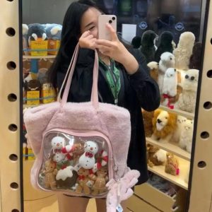 Japanese Pink Ita Bag | Transparent Plush Harajuku Tote Bag Kawaii Large Capacity Purse