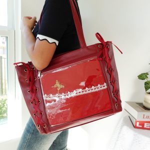 Kawaii Anime Ita Bag Tote, Lace-Up Side Clear window Pin Display Bag | Premium Fabric with Smooth Satin Finish | Pin Collector itaBag.