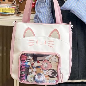 Kawaii Cat Ita Shoulder Bag | Large Capacity Nylon Crossbody | Transparent Display Tote | Y2K Cute Women Handbag