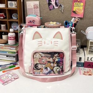 Kawaii Cat Ita Shoulder Bag | Large Capacity Nylon Crossbody | Transparent Display Tote | Y2K Cute Women Handbag