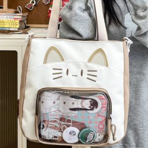 Kawaii Cat Ita Shoulder Bag | Large Capacity Nylon Crossbody | Transparent Display Tote | Y2K Cute Women Handbag