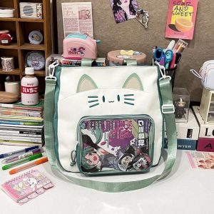 Kawaii Cat Ita Shoulder Bag | Large Capacity Nylon Crossbody | Transparent Display Tote | Y2K Cute Women Handbag