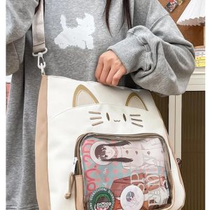Kawaii Cat Ita Shoulder Bag | Large Capacity Nylon Crossbody | Transparent Display Tote | Y2K Cute Women Handbag