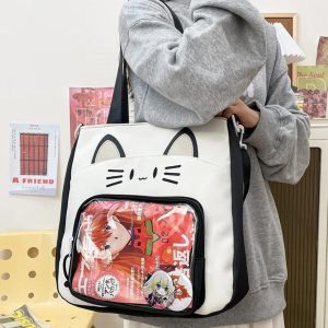 Kawaii Cat Ita Shoulder Bag | Large Capacity Nylon Crossbody | Transparent Display Tote | Y2K Cute Women Handbag