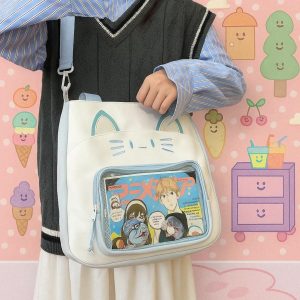 Kawaii Cat Ita Shoulder Bag | Large Capacity Nylon Crossbody | Transparent Display Tote | Y2K Cute Women Handbag