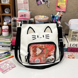 Kawaii Cat Ita Shoulder Bag | Large Capacity Nylon Crossbody | Transparent Display Tote | Y2K Cute Women Handbag